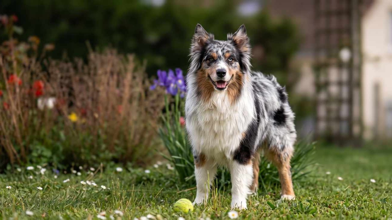 Volt, berger australien merle, mascotte des Truffines, dans le jardin de la pension canine et féline à Montlhéry (Essonne, 91)